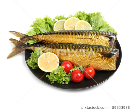 Plate with smoked fish isolated on white Plate with smoked fish isolated on white 89833988