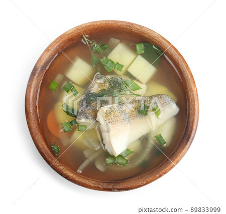 Delicious fish soup in bowl isolated on white, top view Delicious fish soup in bowl isolated on white, top view 89833999