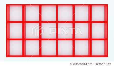 3D mockup of red empty cabinet with shelves on white wall 89834036