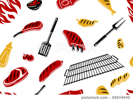 Bbq seamless pattern with grill objects and icons. Stylized kitchen and restaurant items. 89834040