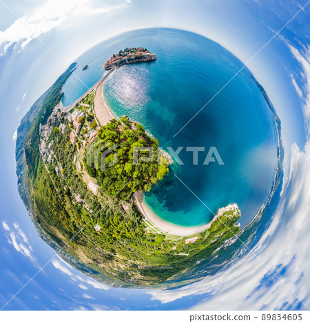 Queen's Beach in Milocer, Montenegro. Aerial view of sea waves and fantastic Rocky coast, Montenegro 89834605