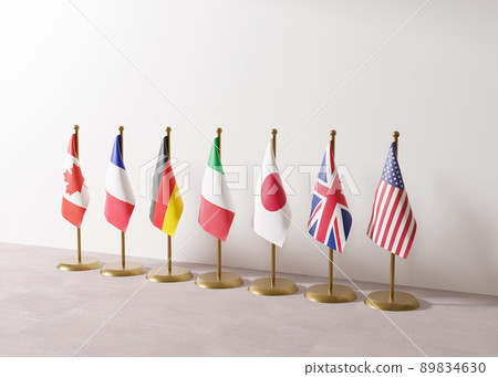 Flags of G7, group of seven countries: Canada, France, Germany, Italy, Japan, UK, USA. G7 summit is an inter-governmental political forum. World economy, global trade, economic policy. 3d rendering. Flags of G7, group of seven countries: Canada, France, Germany, Italy, Japan, UK, USA. G7 summit is an inter-governmental political forum. World economy, global trade, economic policy. 3d rendering. 89834630