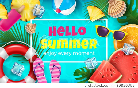 Hello Summer Enjoy Every Moment Ads Banner Concept Poster Card with Swimming Pool Rubber Ring. Vector illustration 89836393