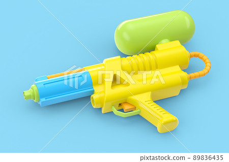 Plastic water gun toy for playing and watering in the swimming pool isolated on blue background. 3d render family pastime concept and beach activities Plastic water gun toy for playing and watering in the swimming pool isolated on blue background. 3d render family pastime concept and beach activities 89836435