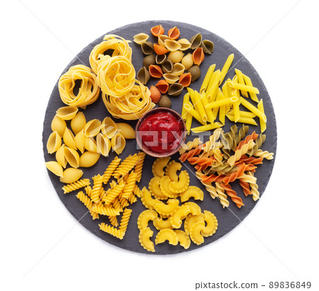 Pasta collection food isolated on white background. Raw pasta assortment at slate stone 89836849