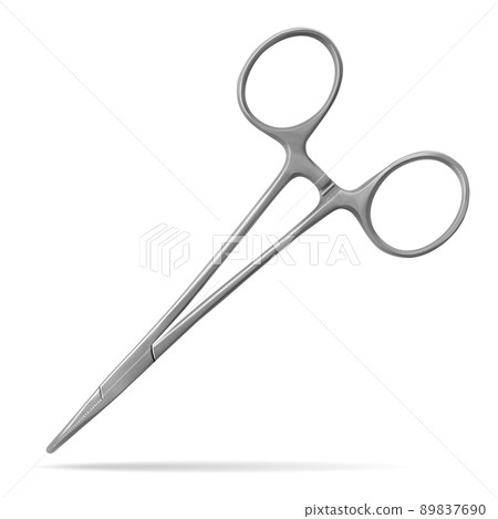 Hemostatic forceps, MOSKITO for a temporary stop of bleeding, have working sponges with a small notch and conical outer surface. Manual surgical instrument. Realistic vector illustration. 89837690