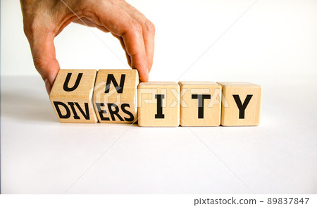 Diversity and unity symbol. Businessman turns wooden cubes and changes the word Unity to Diversity. Beautiful white table, white background, copy space. Business, diversity and unity concept. 89837847