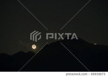 落在長野縣南牧村八岳的地光之月。山脊上的光是山間小屋的光 89838673