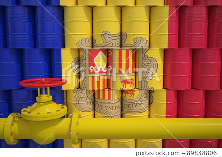 Barrels with flag of Andorra and gas transportation pipe. 3d rendering Barrels with flag of Andorra and gas transportation pipe. 3d rendering 89838806