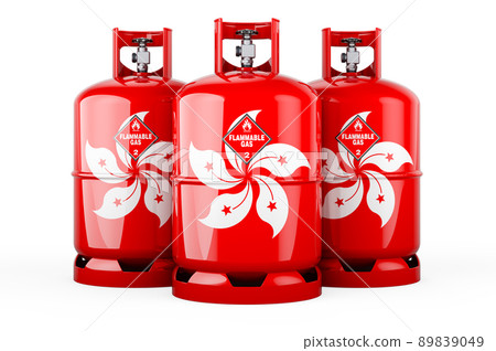 Hong Kong flag painted on the propane cylinders with compressed gas, 3D rendering 89839049