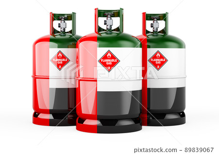The United Arab Emirates flag painted on the propane cylinders with compressed gas, 3D rendering The United Arab Emirates flag painted on the propane cylinders with compressed gas, 3D rendering 89839067