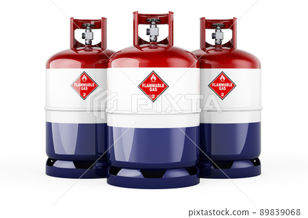 The Netherlands flag painted on the propane cylinders with compressed gas, 3D rendering The Netherlands flag painted on the propane cylinders with compressed gas, 3D rendering 89839068