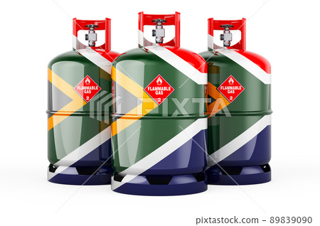 South African flag painted on the propane cylinders with compressed gas, 3D rendering 89839090