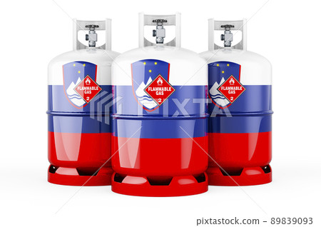 Slovenian flag painted on the propane cylinders with compressed gas, 3D rendering Slovenian flag painted on the propane cylinders with compressed gas, 3D rendering 89839093