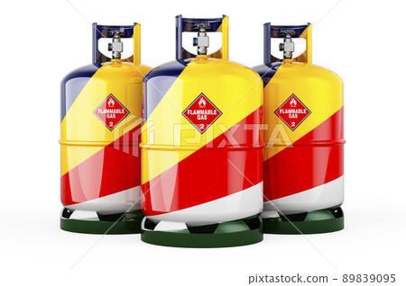 Seychelloise flag painted on the propane cylinders with compressed gas, 3D rendering 89839095