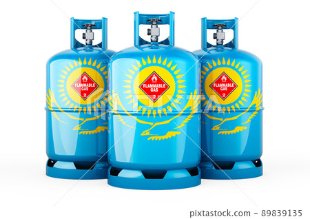 Kazakh flag painted on the propane cylinders with compressed gas, 3D rendering Kazakh flag painted on the propane cylinders with compressed gas, 3D rendering 89839135