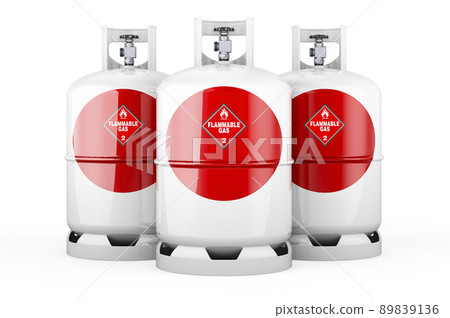 Japanese flag painted on the propane cylinders with compressed gas, 3D rendering Japanese flag painted on the propane cylinders with compressed gas, 3D rendering 89839136