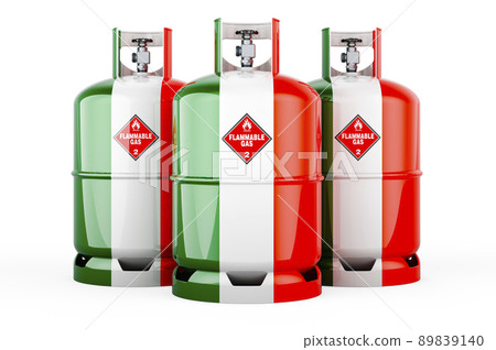 Irish flag painted on the propane cylinders with compressed gas, 3D rendering Irish flag painted on the propane cylinders with compressed gas, 3D rendering 89839140