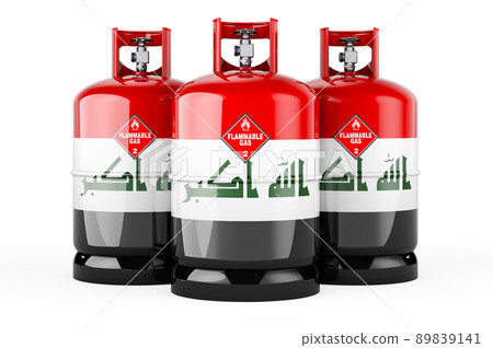 Iraqi flag painted on the propane cylinders with compressed gas, 3D rendering Iraqi flag painted on the propane cylinders with compressed gas, 3D rendering 89839141