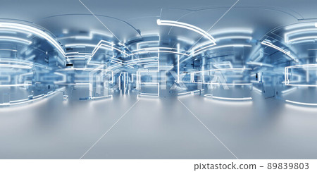 360 degree full panorama environment map of blue metallic studio futuristic light interior with metallic reflections 3d render illustration hdri hdr vr virtual reality 89839803