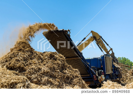 Work conveyor of an industrial wood shredder producing wood chips from roots in construction site Work conveyor of an industrial wood shredder producing wood chips from roots in construction site 89840988