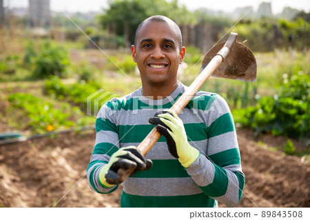 Indian man professional horticulturist with garden mattock 89843508