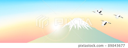 富士山和朝日風景中三隻鶴飛揚的橫幅和標題設計 89843677