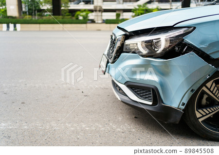 Front of the modern vehicle have a heavy - major damaged. Car crash - accident on the road. Front of the modern vehicle have a heavy - major damaged. Car crash - accident on the road. 89845508