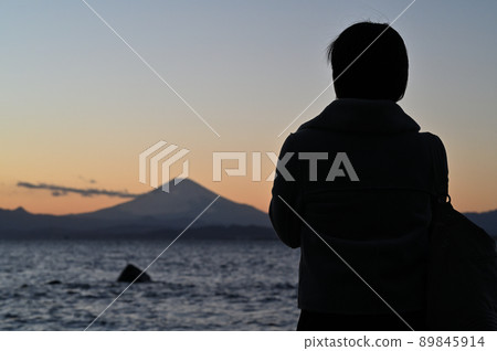 Mt. Fuji and women at dusk in winter 89845914