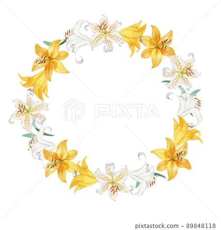 Watercolor illustration of lilies and golden-rayed lilies Summer flower frame 89848118