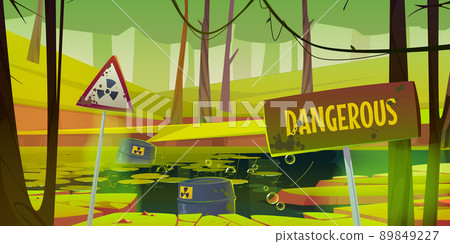 Dirty swamp or lake with warning signs and barrels Dirty swamp or lake with warning signs and barrels 89849227