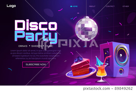 Disco party banner with light ball, cake, cocktail 89849262