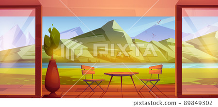 House wooden terrace in mountain valley with lake 89849302