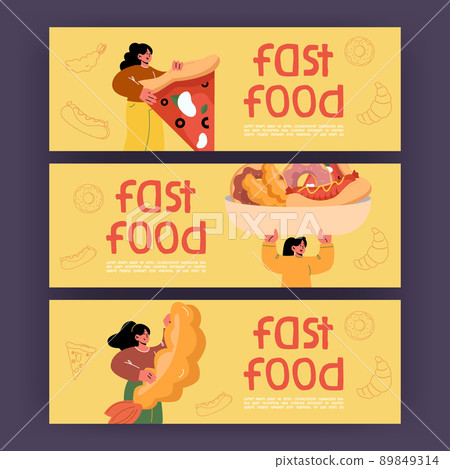 Fast food banners with girl, hot dog, pizza, donut Fast food banners with girl, hot dog, pizza, donut 89849314