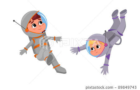 Cute boy and girl astronauts in space suits floating in outer space cartoon vector illustration 89849743