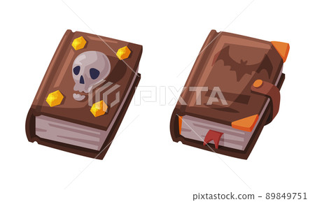 Witch spell books set. Witchcraft attributes, halloween objects cartoon vector illustration 89849751