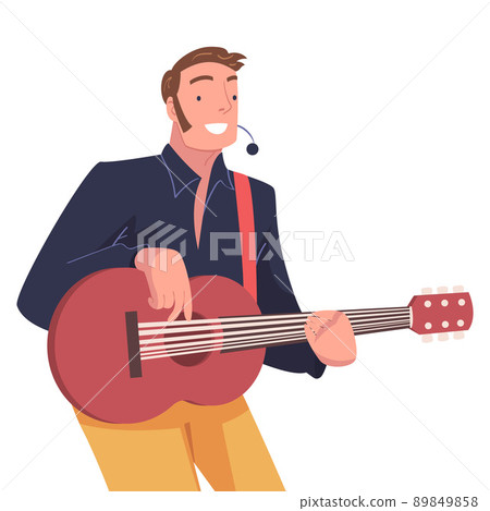 Man Singer and Musician with Microphone and Guitar Performing Music on Stage Vector Illustration 89849858