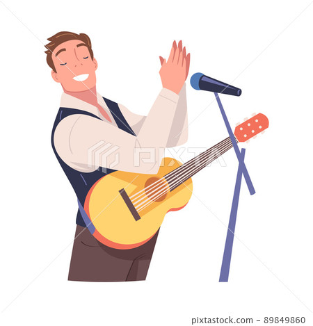 Man Singer and Musician with Microphone and Guitar Performing Music on Stage Vector Illustration 89849860