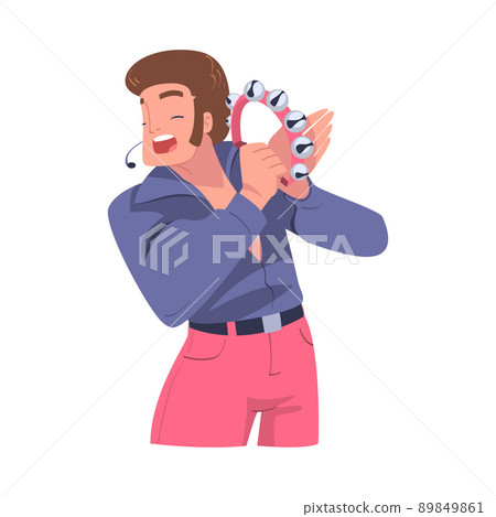 Man Singer and Musician with Microphone and Tambourine Performing Music on Stage Vector Illustration 89849861