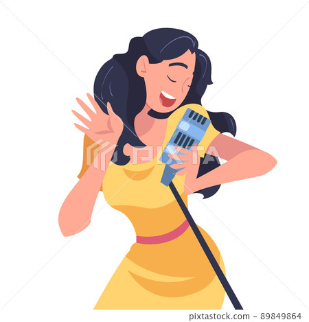 Woman Singer and Musician with Microphone Performing Music on Stage Vector Illustration 89849864