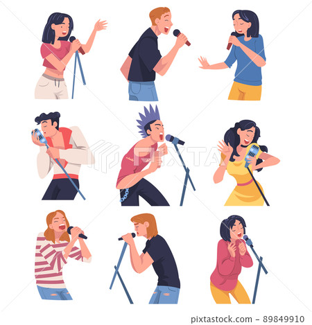 Singers and Musician with Microphone Perform Music on Stage Vector Set 89849910