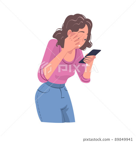 Woman Character with Smartphone Reading Shock Content or News Vector Illustration Woman Character with Smartphone Reading Shock Content or News Vector Illustration 89849941