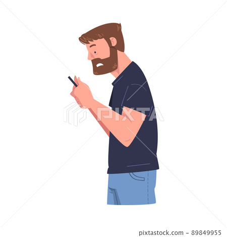 Bearded Man Character with Smartphone Reading Shock Content or News Vector Illustration Bearded Man Character with Smartphone Reading Shock Content or News Vector Illustration 89849955