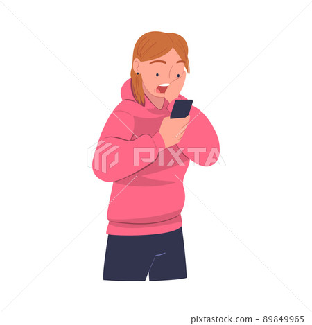 Woman Character with Smartphone Reading Shock Content or News Vector Illustration Woman Character with Smartphone Reading Shock Content or News Vector Illustration 89849965