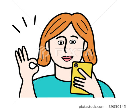 Image of a woman to check by operating a smartphone Illustration material Color / line drawing 89850145
