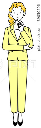 A cute woman in a suit who is seriously thinking about a decision Full body standing illustration vector 89850296