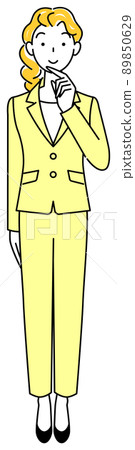 A cute woman in a suit who is positively thinking about a decision Full body standing illustration vector 89850629