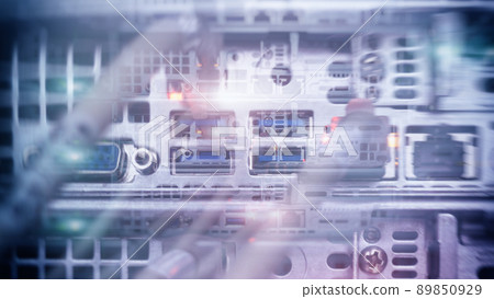 Double Exposure Server Rack Optic and hub close up. Double Exposure Server Rack Optic and hub close up. 89850929