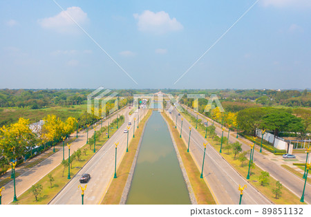 Aerial view of cars driving on Thanon Utthayan, Axis highway or moterway. Overpass bridge street roads in connection network of architecture concept. Top view. Urban city, Bangkok, Thailand. 89851132