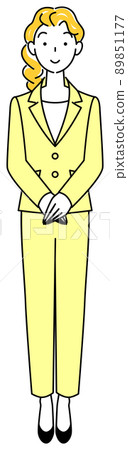 Standing posture of a cute woman in a suit Standing posture Full body illustration vector with left hand up Standing posture of a cute woman in a suit Standing posture Full body illustration vector with left hand up 89851177
